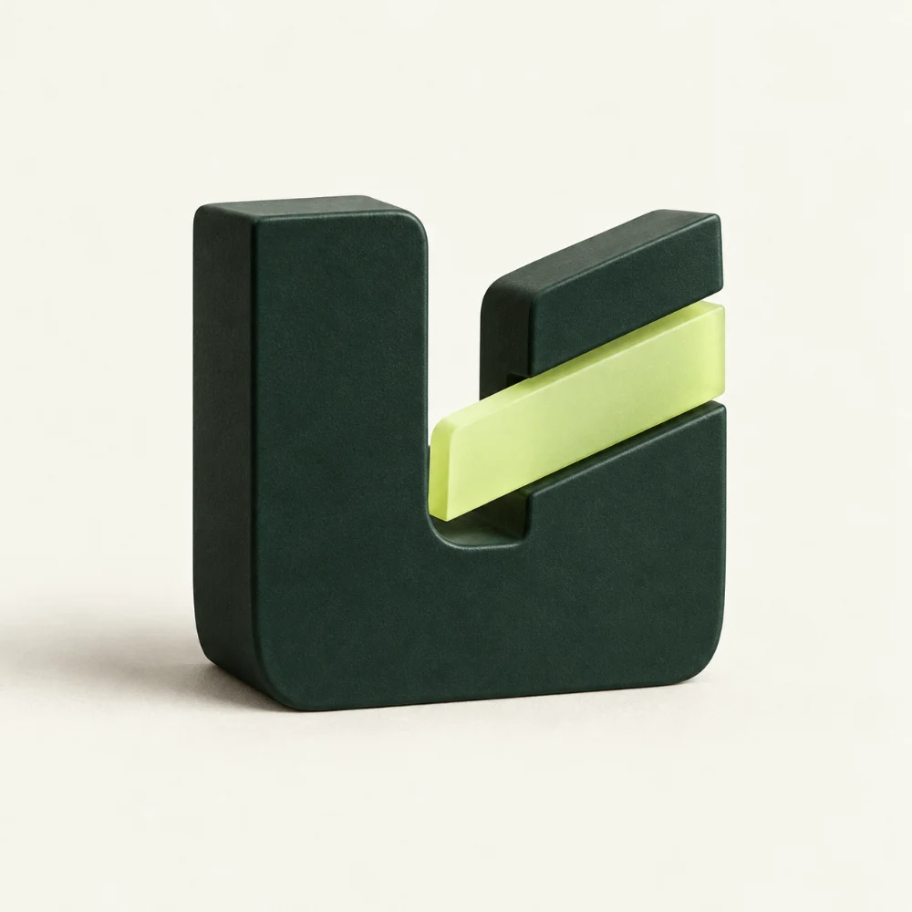 Green work-unit sculpture with a lime insert